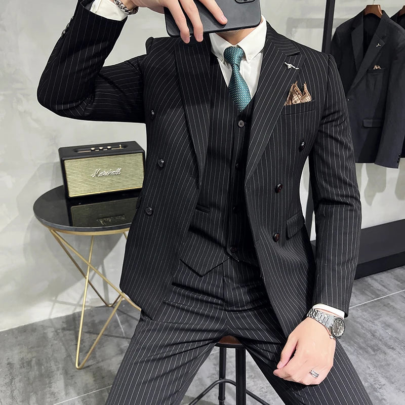 Bonsir Luxury Fashion Stripe Men Suits Double Breasted Slim Fit Business Wedding Stage Tuxedo Formal Office Work Casual Suits 3Pcs/2Pcs