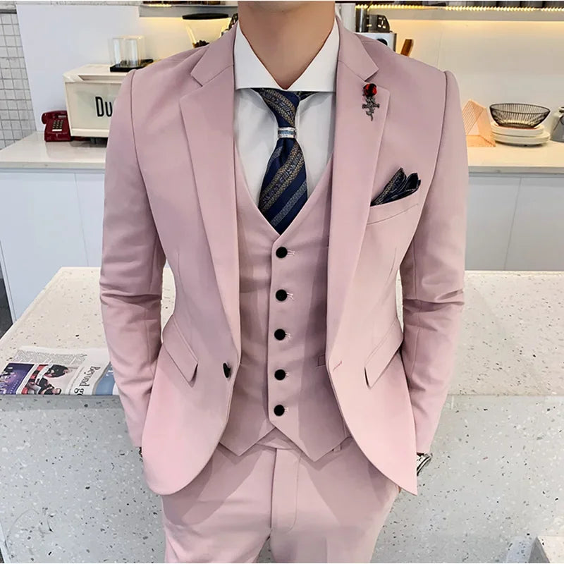 Bonsir (Jacket +Vest+Pants) New Mens Wedding Suits Groom Solid Color Formal Office Business Slim Fit Suit Tuxedos 3-Pieces Set