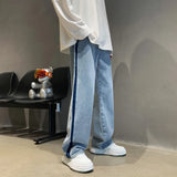 Bonsir High street vibe American trousers, male minority design sense, splicing jeans, overlapping stripes, floor length straight
