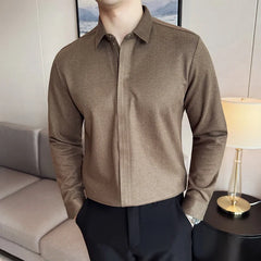 Bonsir Autumn Winter New Thick Warm Woolen Shirt High-end Zipper Design Seamless Striped Shirt Fashion Men Casual Social Party Tuxedo