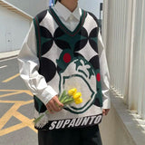 BONSIR  -  Men Clothing Trendy Vintage Harajuku Streetwear Y2K Aesthetic Knitted Sweater Vest Youth Male V Neck Sleeveless Loose Waistcoat