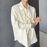 BONSIR  -  Medieval Palace Style Standing Collar Lotus Leaf Placket Long Sleeve Shirt Neutral Style Design Shirt Men's Performance Costume