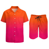 BONSIR  -  Ombre Print Men Sets Neon Orange Pink Casual Shorts Vacation Shirt Set Summer Hawaii Design Suit Short Sleeve Oversized Clothing