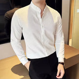 Bonsir Stand-up Collar Long Sleeved Shirt High Quality Men High-end Elastic seersucker Slim Fit Casual Social Party Shirts
