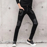 Bonsir Men Black Faux Leather Pants Slim Fit Denim Stitching PU Riding Leather Pant High Quality Fashion Men Jeans Streetwear