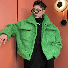 Bonsir Green Padded Winter Men's Jacket Fleece Lamb Wool Thickened Short Coat Male Y2K Top Plush Warm Korean Streetwear Hip Hop