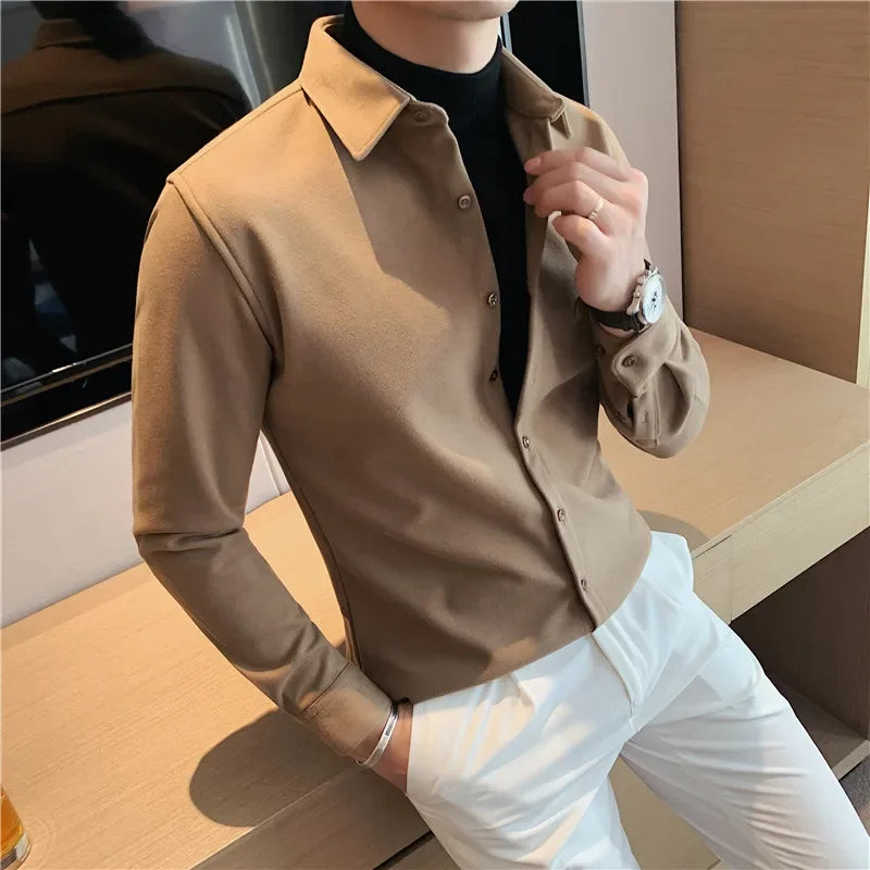 Bonsir Autumn Winter New Fashion Fake 2 Pieces Shirts Men Woolen Thicken Long Sleeve Slim Casual Shirt Formal Social Warm Blouses