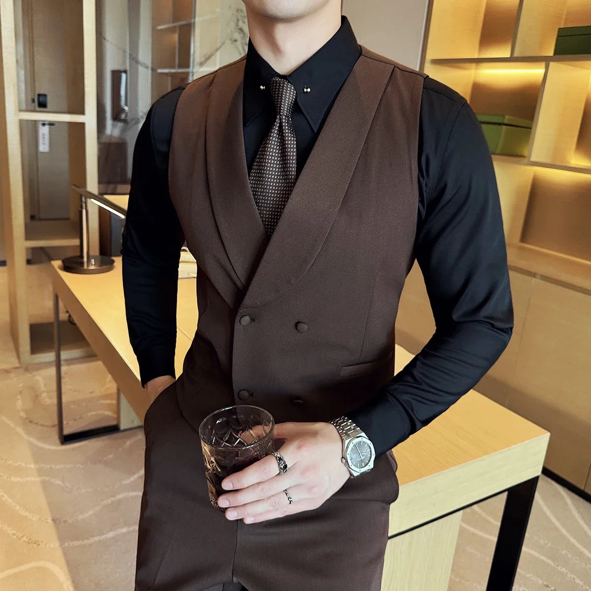 Bonsir High-end Double-breasted Suit Vest With Pants New Men Fashion Slim Business Casual Best Groom Wedding Dress Vest  2 Pcs Set