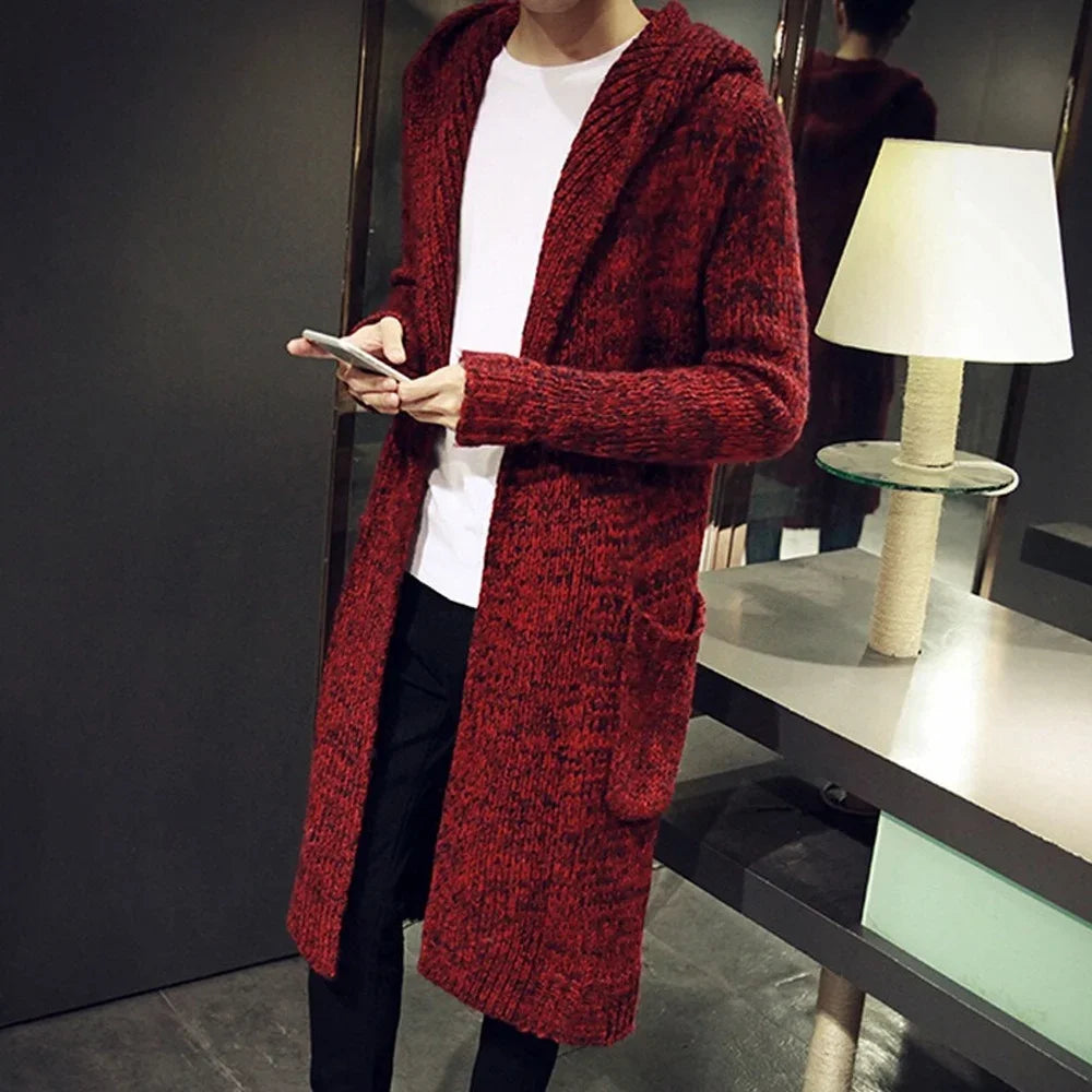 Bonsir Men Cardigan Sweater Korean Fashion Slim Fit Long Sweater Coat With Hood Men Streetwear Coat Brown Small Size Cardigan