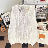 BONSIR  -  Men V-neck Long Sleeve Knit Shirts Loose Elastic Hollow knit Sweater T-shirt Slightly Transparent Knitted Sweaters Streetwear