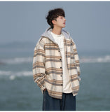 Bonsir Autumn/Winter New Woolen Plaid Loose Hooded Large Jacket Coat Fashion Men Clothing Daily Overcoat Handsome Unisex Parka