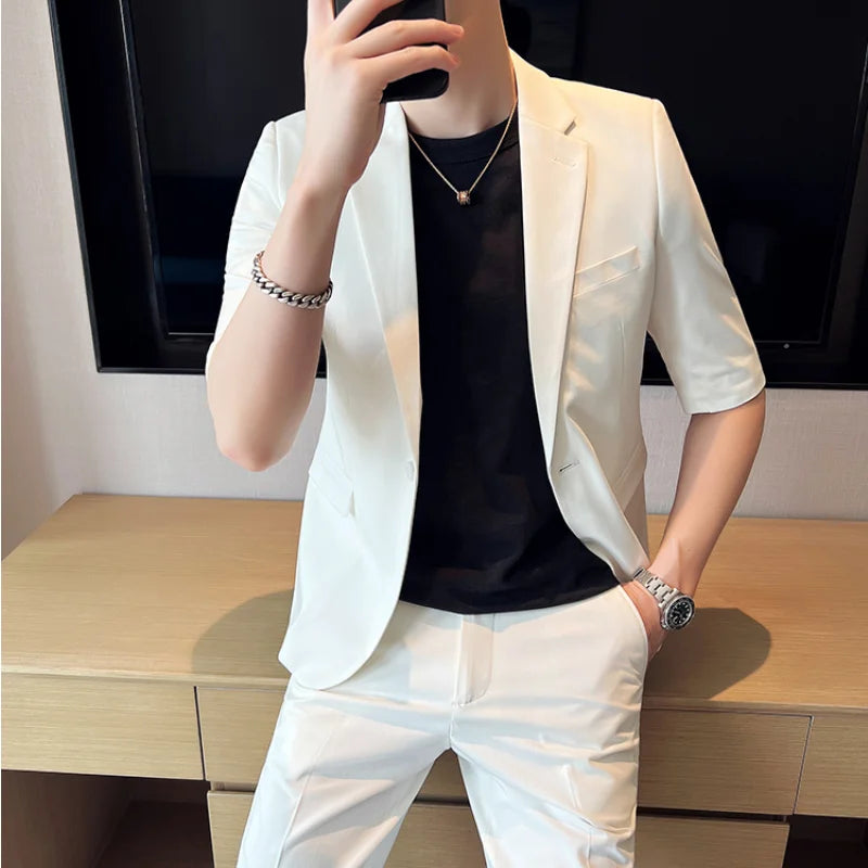 Bonsir Summer Fashion Short Sleeve Blazer Jacket Match Pant Slim Fit Solid Color 2-piece Men Casual Business Office Party Tuxedo