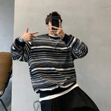 BONSIR  -  large-size men's autumn and winter Japanese retro striped velvet thickened American round neck pullover sweatshirt