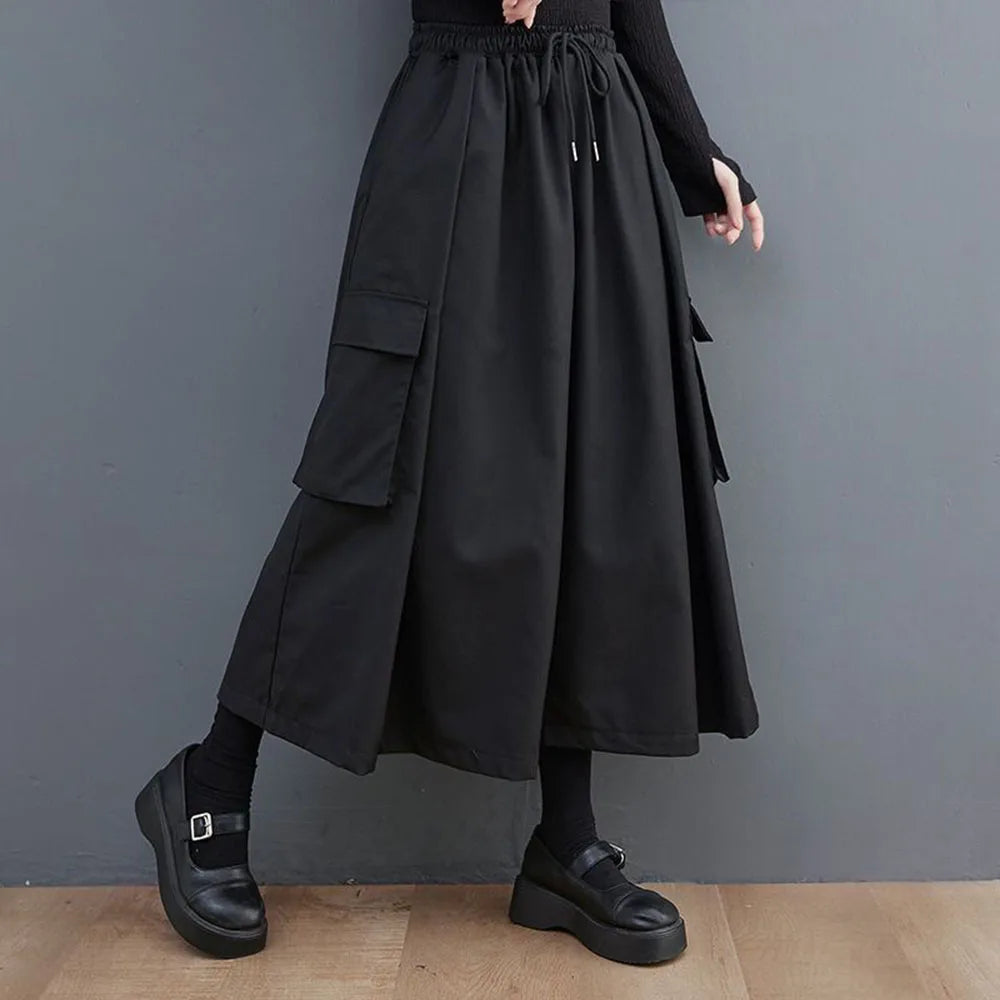 Bonsir Gothic Style Japanese Large Pocket Casual Culottes 2024 New Fashion Loose Daily Versatile Elastic Waist Wide Leg Pants Unisex