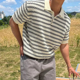 BONSIR  -  Summer New Fashion Men's Striped Turn-down Collar Short Sleeve Casual Trendy Loose Hollowed Out T-shirts Male Vintage Tops