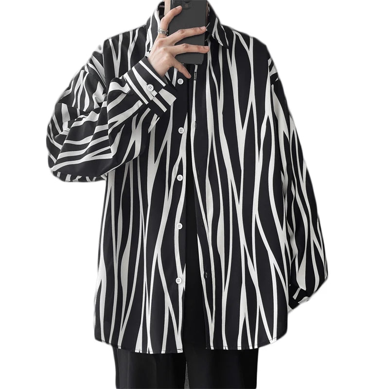 Bonsir Men's Long Sleeve Striped Shirts Spring New Korean Button Up Shirt Unisex Fashion Casual Oversize Blouse Printed Clothing