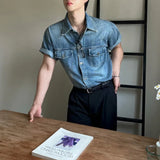 BONSIR  -  Retro washed denim shirt men's summer loose casual short-sleeved shirt Korean commuter half-sleeved top