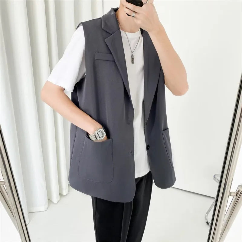 Bonsir Grey Black Suit Vest Men Fashion Social Mens Dress Vest Korean Loose Sleeveless Blazer Mens Jacket Office Formal Vest M-2XL