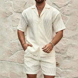 BONSIR  -  New Summer Men's Casual Daily Outdoor Travel Solid Jacquard Lapel Short-sleeved Shirt Drawstring Shorts Two-piece Set