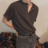 BONSIR  -  New Fashion Korean Style Men T-shirt Light Luxury Henry Collar Tops Casual Loose High Quality Solid Color Half Sleeve Tees M-2XL