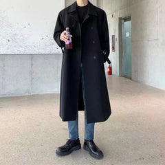 Bonsir Khaki Black Trench Coat Men Oversized Fashion Casual Long Coat Men Streetwear Korean Loose Windbreaker Jacket Mens Overcoat