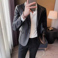 Bonsir Men's Leather Jacket Autumn Highend Fashion Solid Slim Fit Business Blazers Coats Korean Casual PU Leather Suit Tuxedo