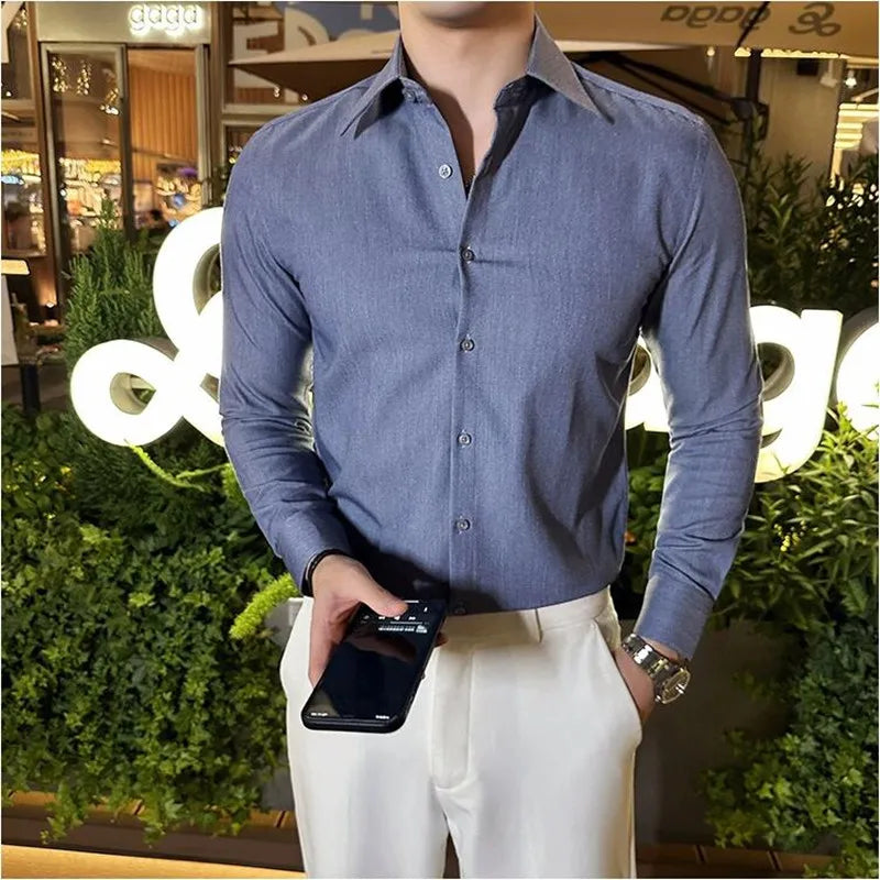 Bonsir 6 Colors Gentleman Lapel Slim Fit Shirt New Long Sleeve Solid Color Casual Business Social Party Shirts Men Clothing 4XL-M