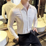 Bonsir Men Fashion Pleated Design Slim Fit Shirts High Quality Long Sleeve Groom Wedding Tuxedo Formal Business Casual Social Shirt