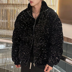 Bonsir Mens sequin casual jacket genderless 2024 new autumn winter fashion personality street trend youth thickened jacket unisex