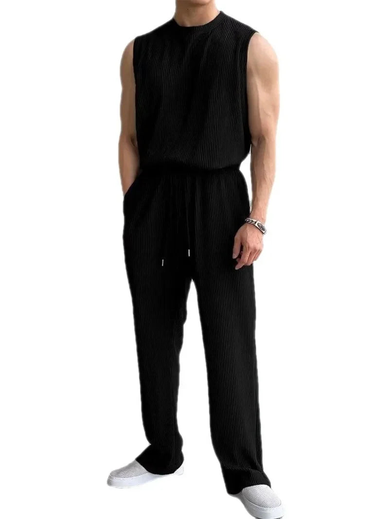 Bonsir Men Clothing Summer New Men's Ice Silk Sleeveless Tank Top Trousers Set Thin Loose Casual Daily Two Pieces Stylish Sets