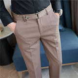 Bonsir Dark stripe Men Formal Trousers 2024 New Fashion Belt Design Man Dress Pants Simple Slim Business Casual Suit Pant Plus Size 38