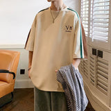 BONSIR  -  Korean Y2k Suede T-shirt Men Striped Short Sleeve Letter Printing T Shirts Summer Hip-hop Loose Round Neck Tops Couple Clothes