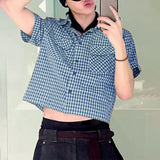 BONSIR  -  Men Plaid Shirt Lapel Short Sleeve Pockets Korean Style Men Clothing Summer Loose 2025 Streetwear Causal Male Crop Tops