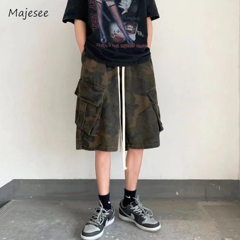 Bonsir Cargo Shorts Men Camouflage Breathable Stylish Big Pockets Baggy Cozy Personality Leisure Japanese Advanced Drawstring Aesthetic