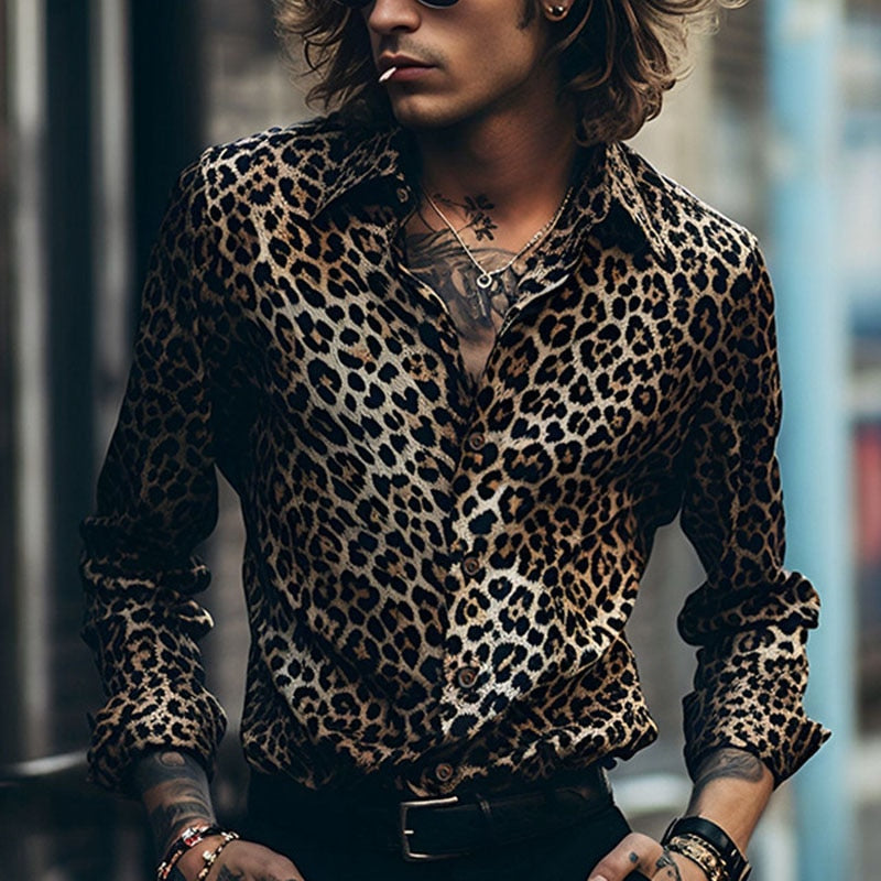 Bonsir Slim Fashion Button Collar Social Shirts Men Clothing Winter Long Sleeve Cardigan New Autumn Leopard Print T-shirts Tops