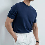 BONSIR  -  Summer Casual Mens Ice Silk Knit Tops Leisure Breathable Solid Color Slim Knitting T Shirts Men Fashion Short Sleeve Tees