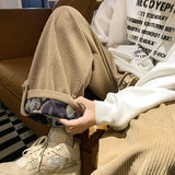 Bonsir Autumn Cuffed Plaid Corduroy Pants Men Handsome Straight-leg Loose Casual Sports Wide-leg Pant Men Trousers Male Clothes