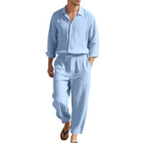 BONSIR  -  Summer Casual Mens Linen Two Piece Suits Leisure Breathable Long Sleeve Shirt And Trousers Men Outfits Fashion Solid Color Sets