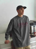 BONSIR  -  Heavy cotton Japanese street printed long-sleeved T-shirt for men in autumn loose and simple small neckline inner t-shirt
