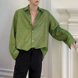 Bonsir Mens Fashion Shiny Bright Silk Woven Shirt Autumn Genderless Trend Personality Stage Loose Nightclub Long-Sleeve Shirt Unisex