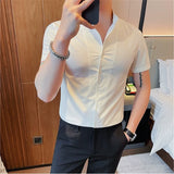 Bonsir Men's Summer Fashion Stand Collar Business Casual Short Sleeve Shirt Luxury Slim Fit Solid Dress Shirt Brand Men Clothes 5XL-M