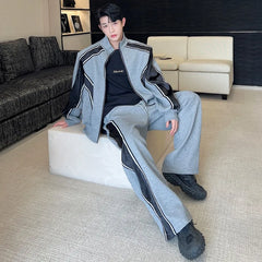 Bonsir  Color Contrast Design Sweatshirt Men's Casual Splicing Korean Straight Pants Two-piece Sets Street High Fashion