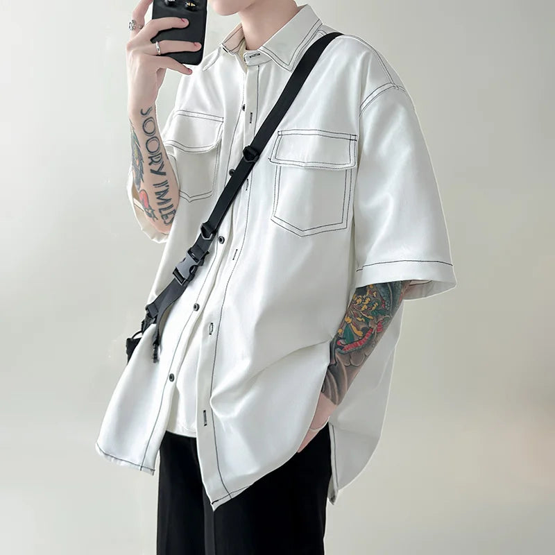 BONSIR   -  Summer Short Sleeve Shirt Men Fashion Retro Pocket Shirt Men Streetwear Korean Loose Casual Shirts Mens Oversized Shirt M-2XL