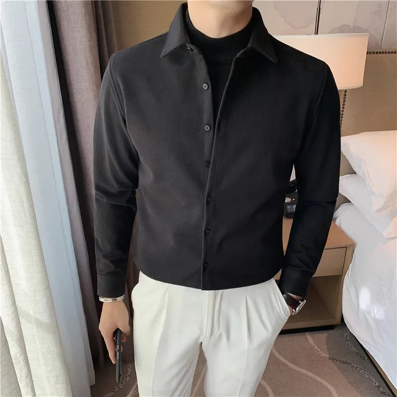 Bonsir Autumn Winter New Fashion Fake 2 Pieces Shirts Men Woolen Thicken Long Sleeve Slim Casual Shirt Formal Social Warm Blouses