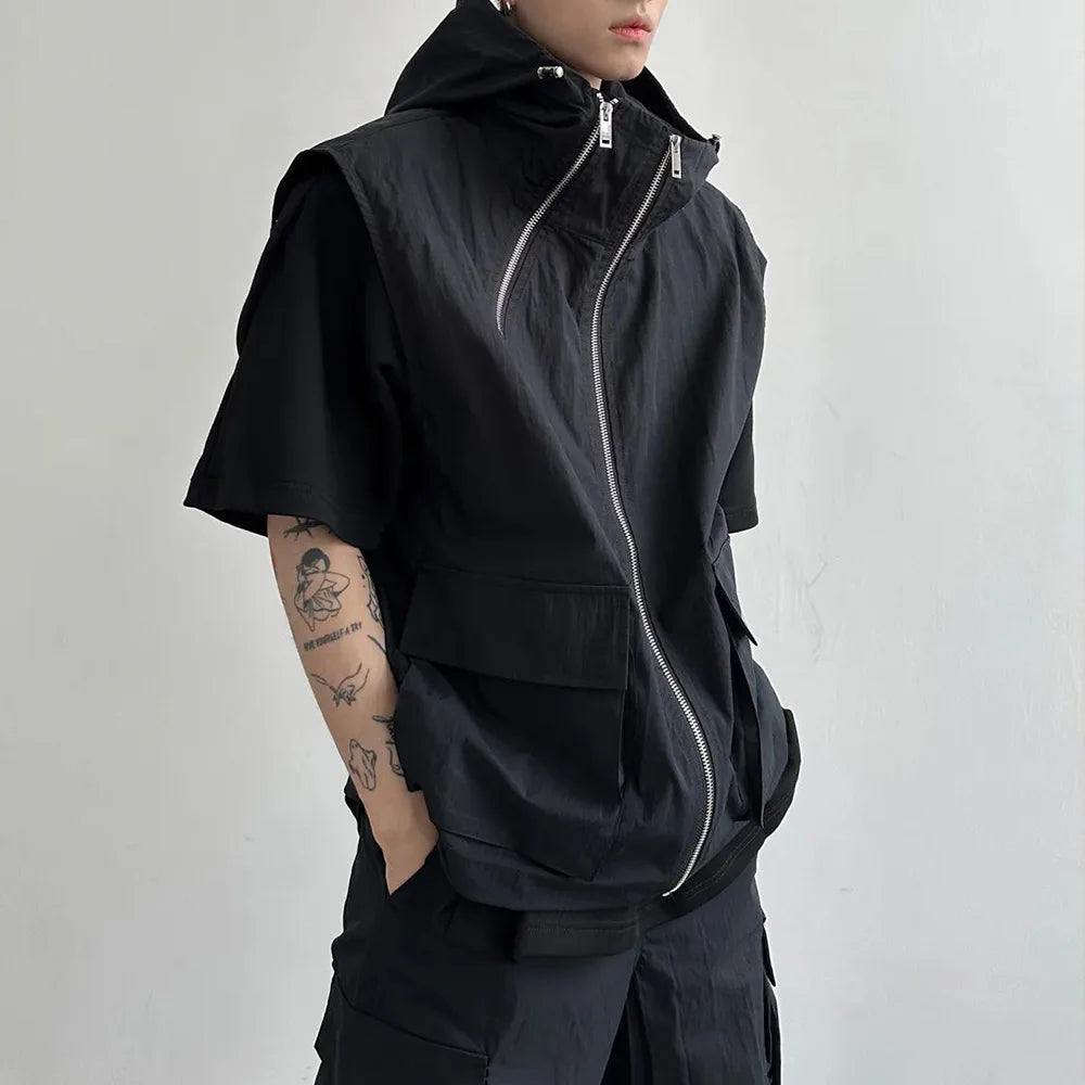 Bonsir Men Cargo Hooded Vest Summer Zipper Sleeveless Tops Male Korean Streetwear Hip Hop Unisex Hoodie Coat Fashion Waistcoat Jacket