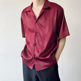 Bonsir Summer Men's Stylish Shirt Cuban collar Satin Silk Wine Red Dress Shirts Short Sleeve Tops Wedding Prom Party Holiday Blouse Man
