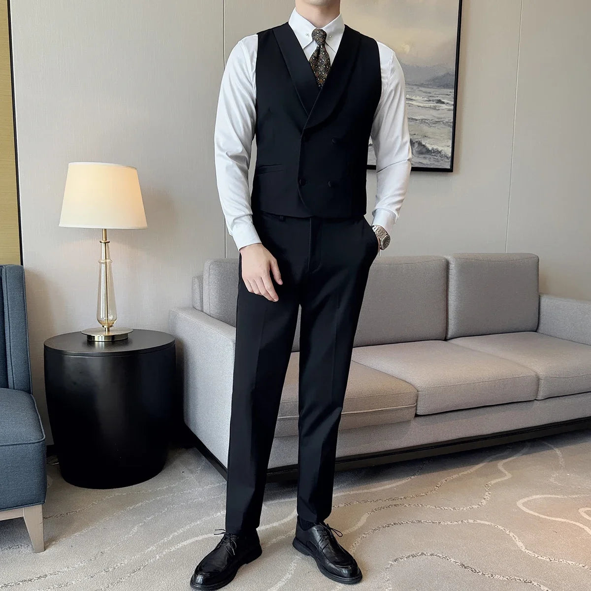 Bonsir High-end Double-breasted Suit Vest With Pants New Men Fashion Slim Business Casual Best Groom Wedding Dress Vest  2 Pcs Set