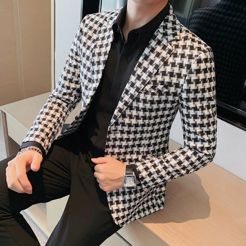 Bonsir British Style Mens Houndstooth Slim Fit Blazers New Simple Slim Fit Business Dress Coats Groom Wedding Tuxedo Suit Jacket