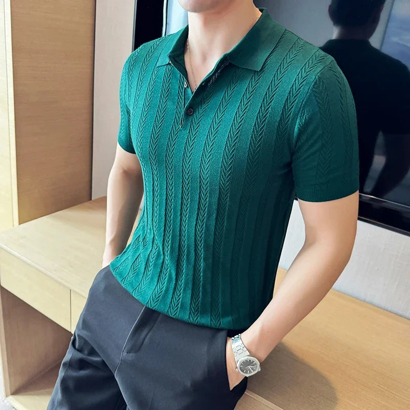 Bonsir Summer Lyocell Jacquard Knitted Polo Shirt For Men High Quality Ice Silk Stripe Casual Business Lapel Short Sleeved T-shirt