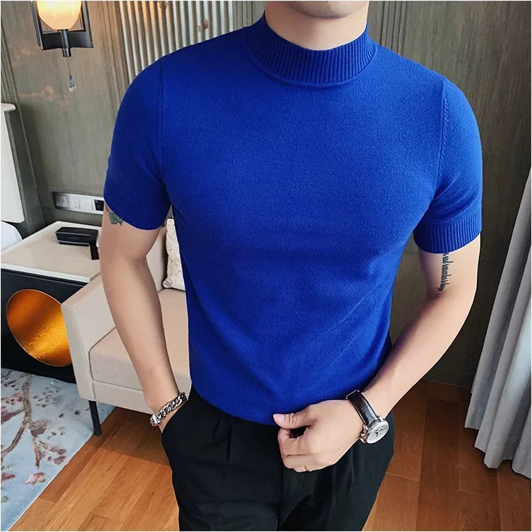 Bonsir Autumn Short Sleeve Sweater For Men High Quality Fashion Solid Slim Fit Pullovers Half High Neck Elastic Knitted Casual T Shirt